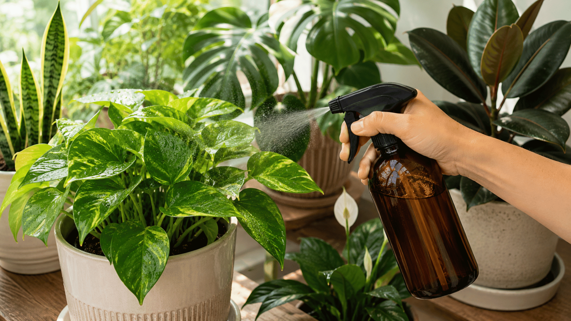 Person reapplying neem oil spray to healthy indoor houseplants using an amber spray bottle as part of a regular pest prevention routine