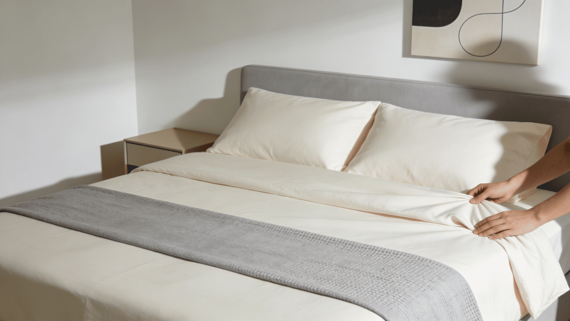 person smoothing bedding and adjusting throw blanket for polished hotel style bed finishing touches
