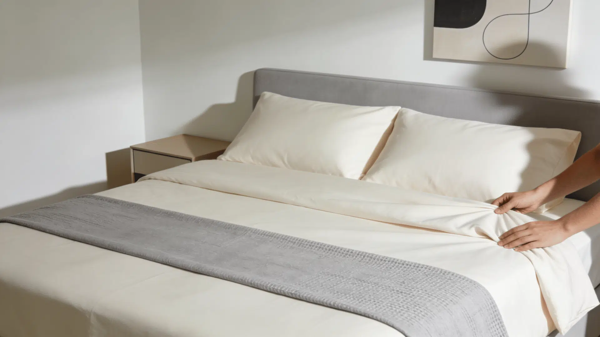 person smoothing bedding and adjusting throw blanket for polished hotel style bed finishing touches