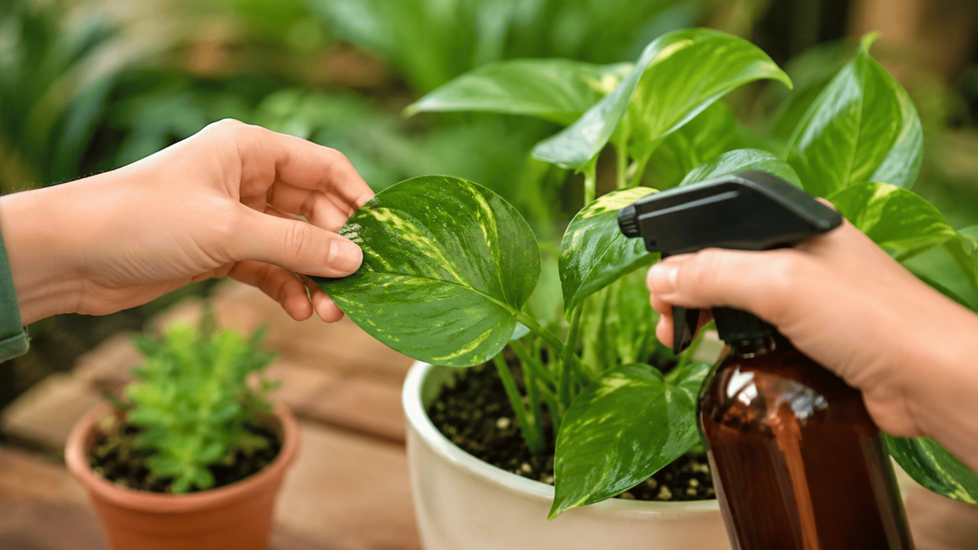 Person testing neem oil spray on a single houseplant leaf before treating the entire plant in a home garden setting