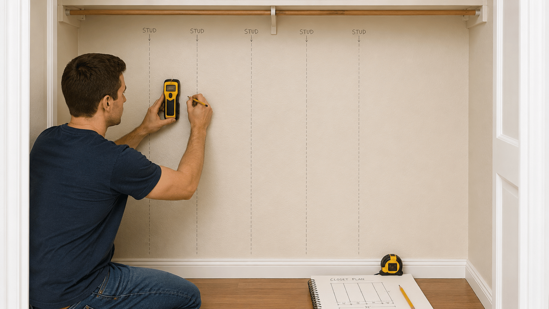 person using stud finder and pencil to mark wall supports inside closet before installation