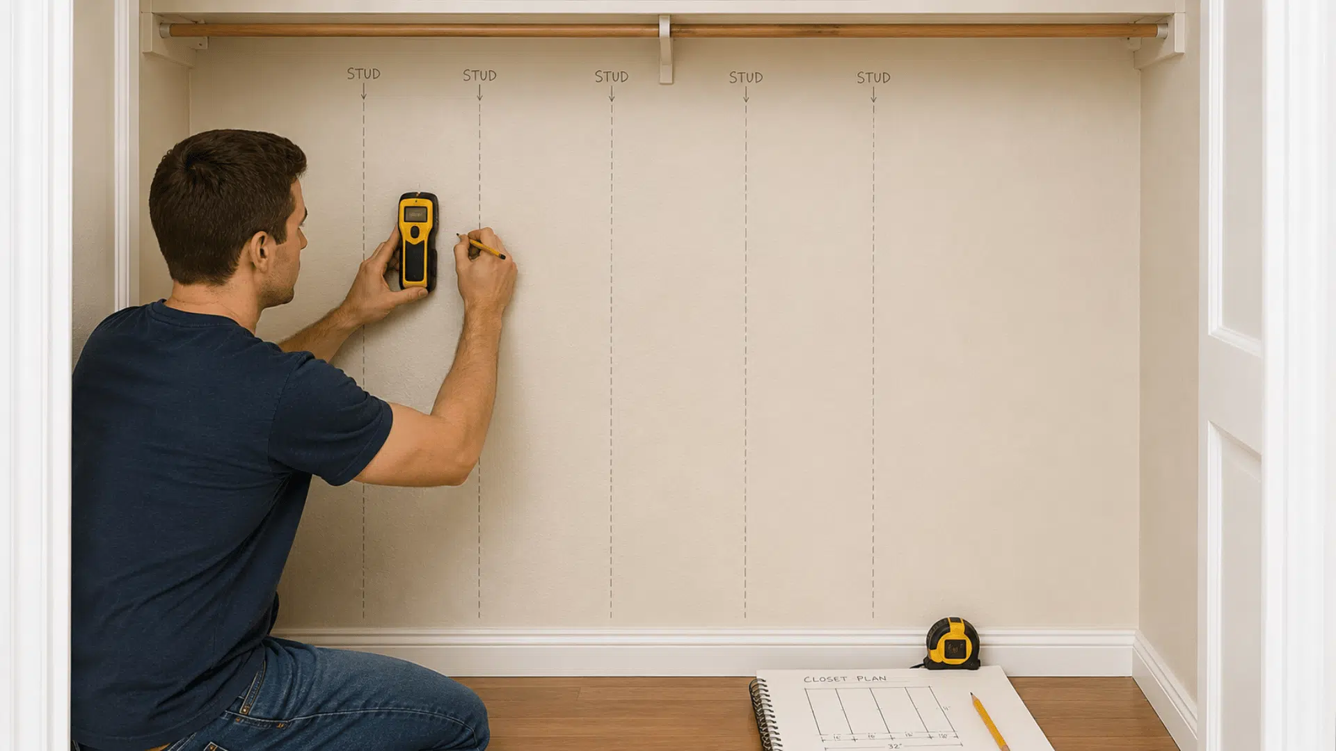 person using stud finder and pencil to mark wall supports inside closet before installation