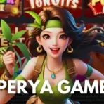 Smiling animated character with brown hair and green outfit holding a plant against colorful game background