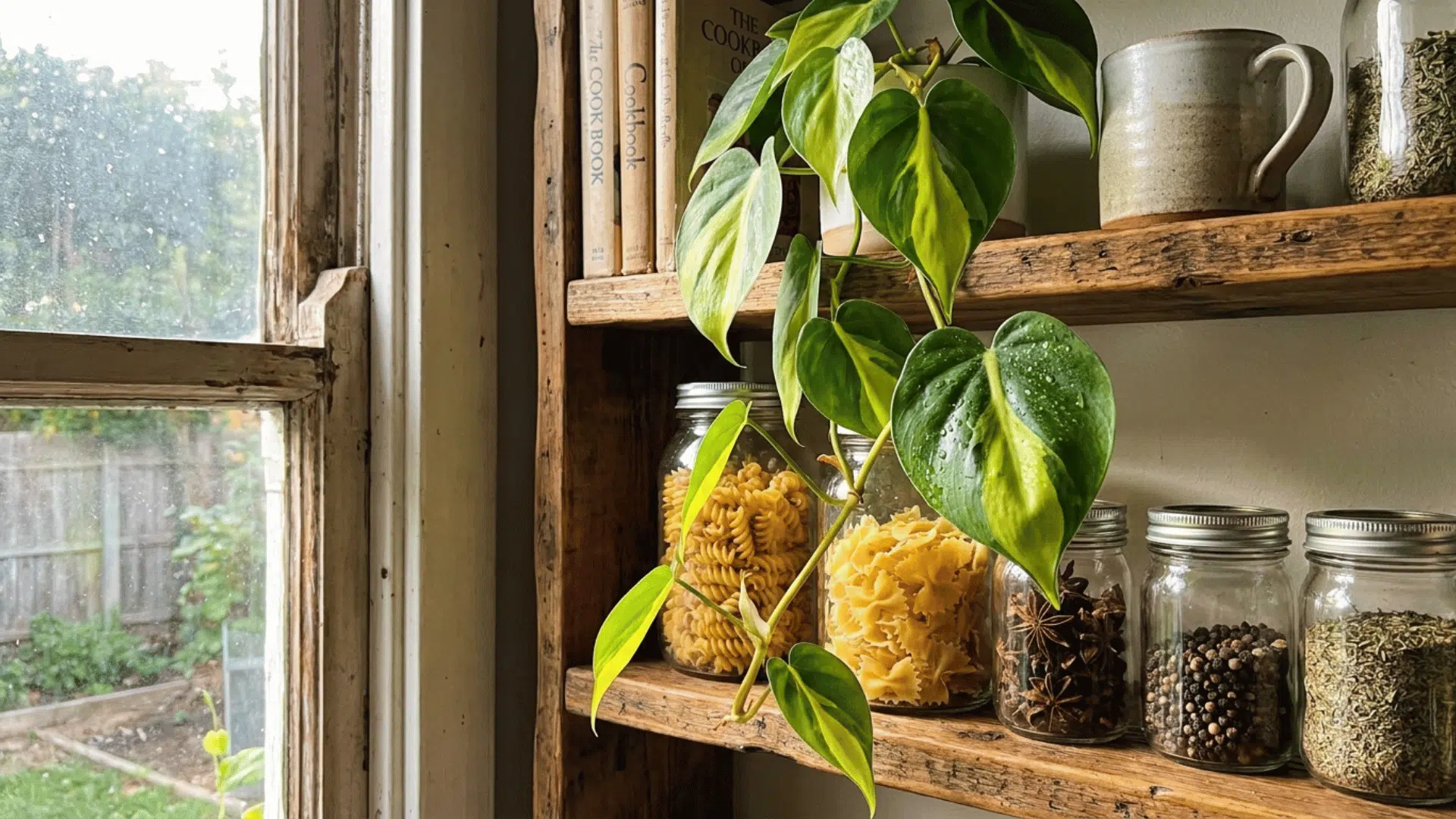 philodendron brasil trailing from a kitchen shelf