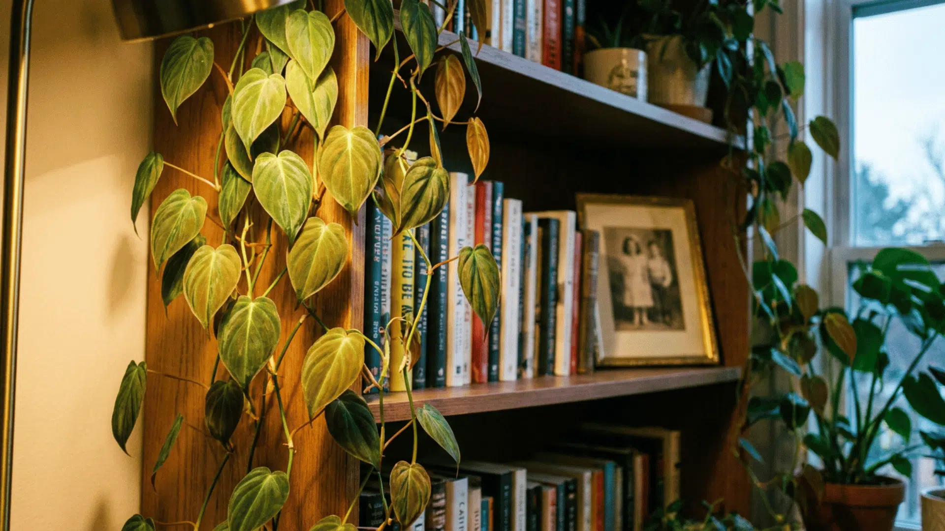 philodendron micans with velvety leaves trailing from a bookshelf