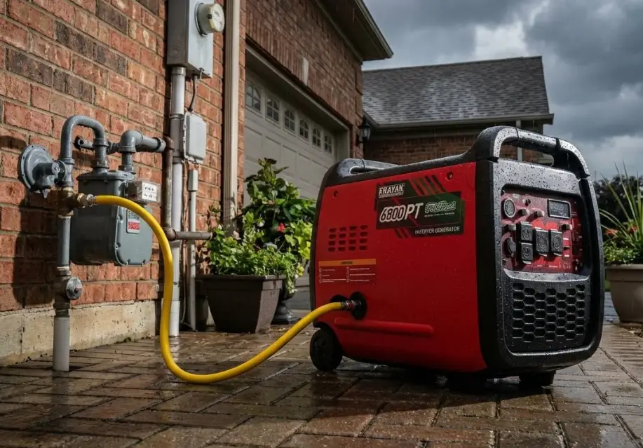 Red portable generator connected to gas line on wet brick patio near house and plants