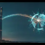 Tall futuristic tower connecting with a digital globe in dark landscape with glowing lines