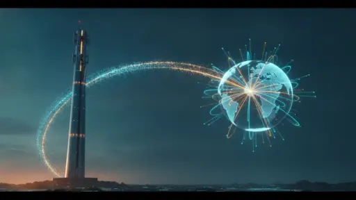 Tall futuristic tower connecting with a digital globe in dark landscape with glowing lines
