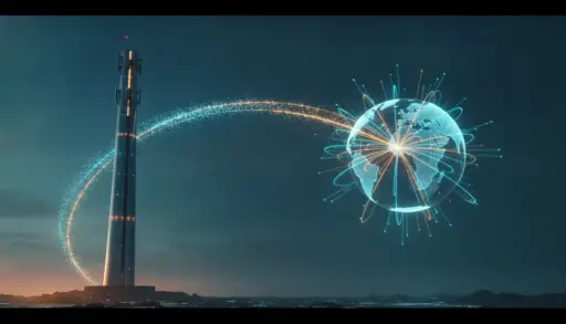 Tall futuristic tower connecting with a digital globe in dark landscape with glowing lines