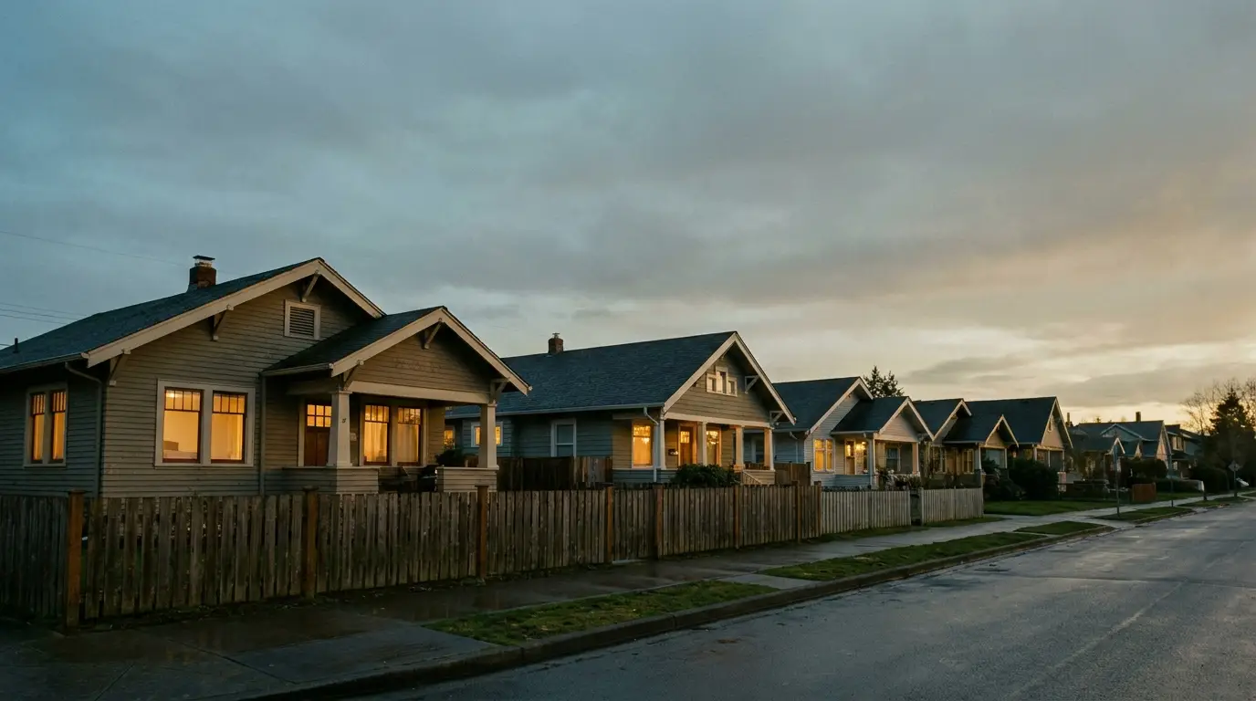Bungalow-style houses with illuminated windows along residential street at dusk