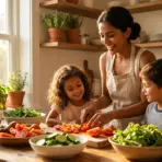 Mother and children slicing tomatoes on wooden kitchen counter with potted herbs nearby