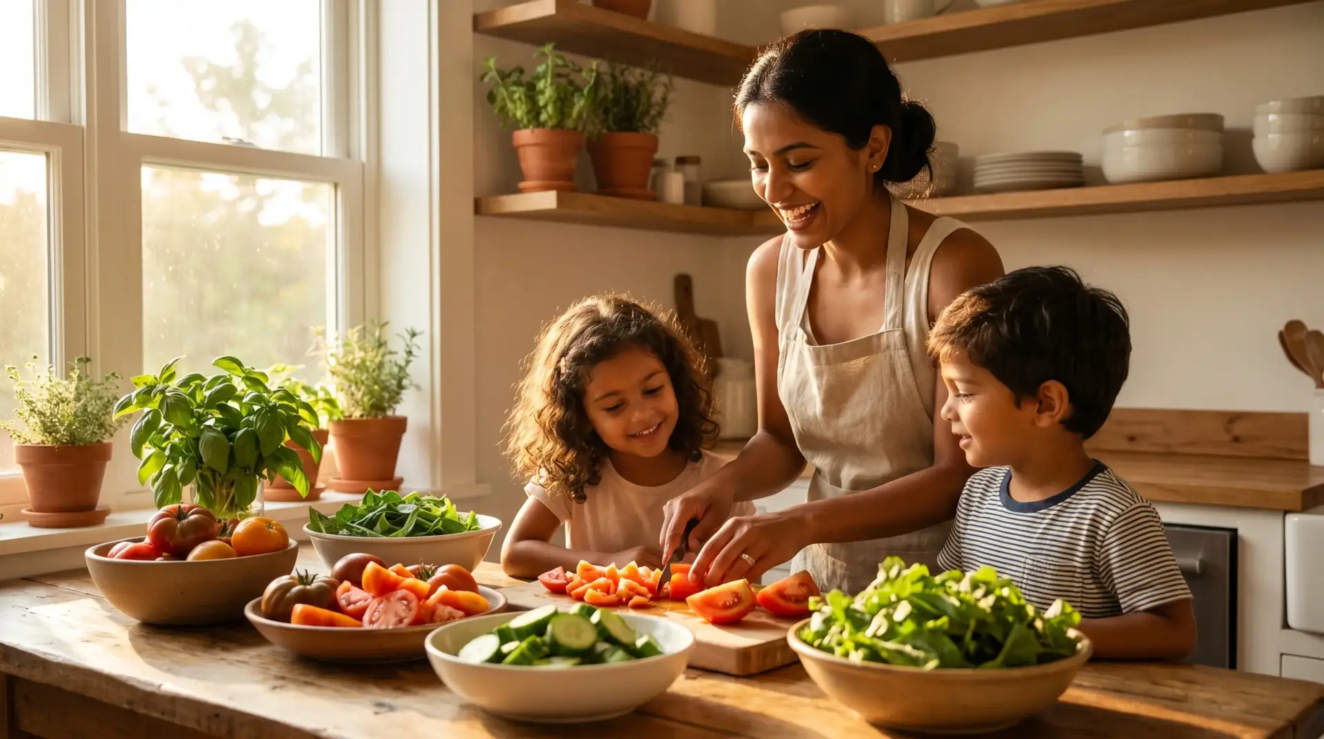 Mother and children slicing tomatoes on wooden kitchen counter with potted herbs nearby