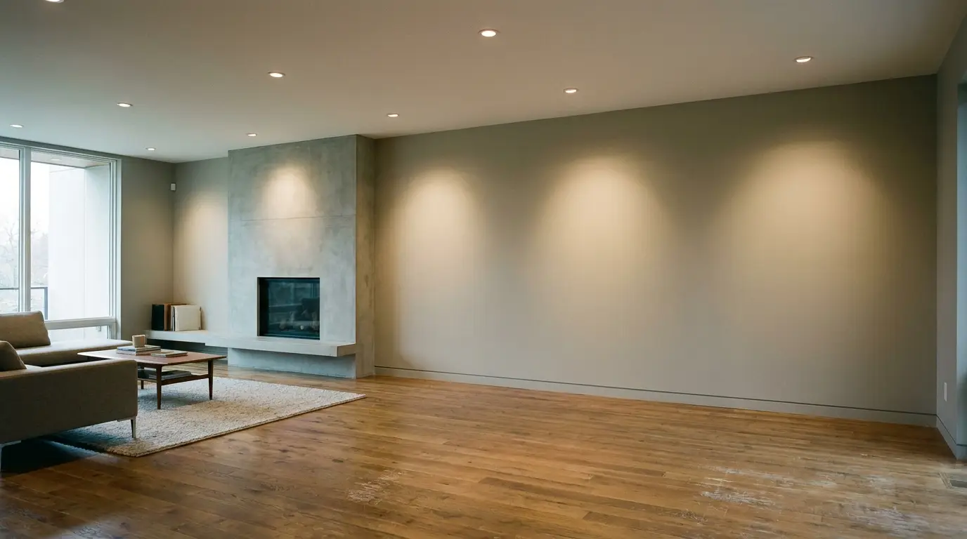 Modern living room with minimalist decor, concrete fireplace, wooden floor, large windows, beige sofa
