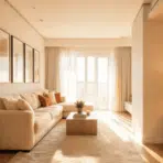 rectangular living room layout with beige sectional sofa wooden coffee table side lamp and wall art