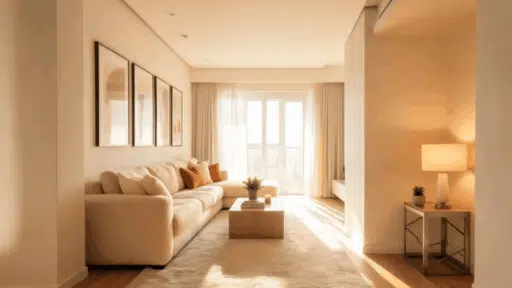 rectangular living room layout with beige sectional sofa wooden coffee table side lamp and wall art