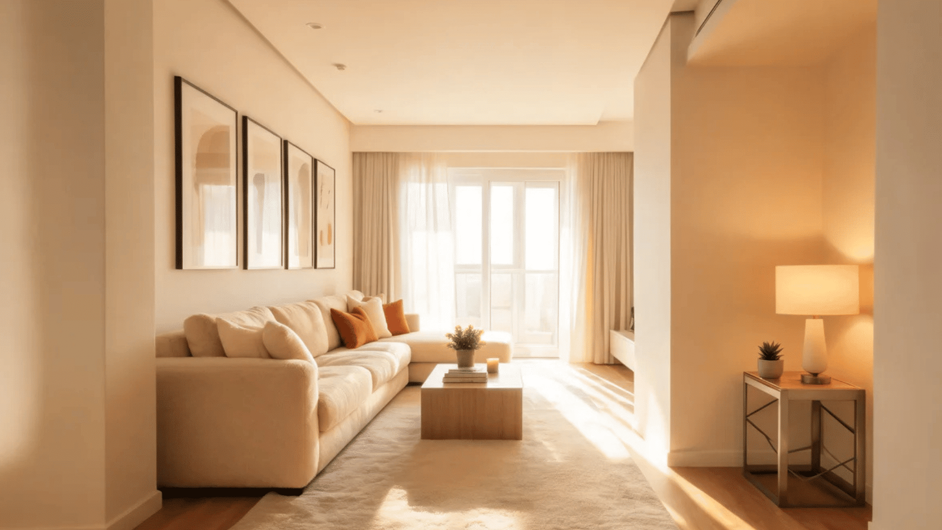 rectangular living room layout with beige sectional sofa wooden coffee table side lamp and wall art