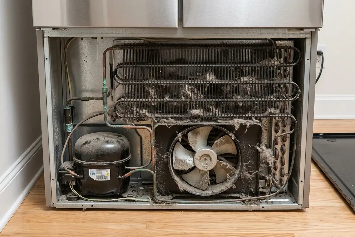 Dusty refrigerator back panel with exposed coils and fan in kitchen setting