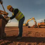 Construction worker operating excavator on a dirt construction site under clear sky