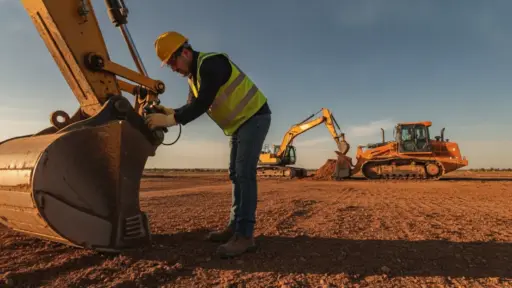 Construction worker operating excavator on a dirt construction site under clear sky