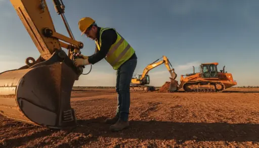Construction worker operating excavator on a dirt construction site under clear sky