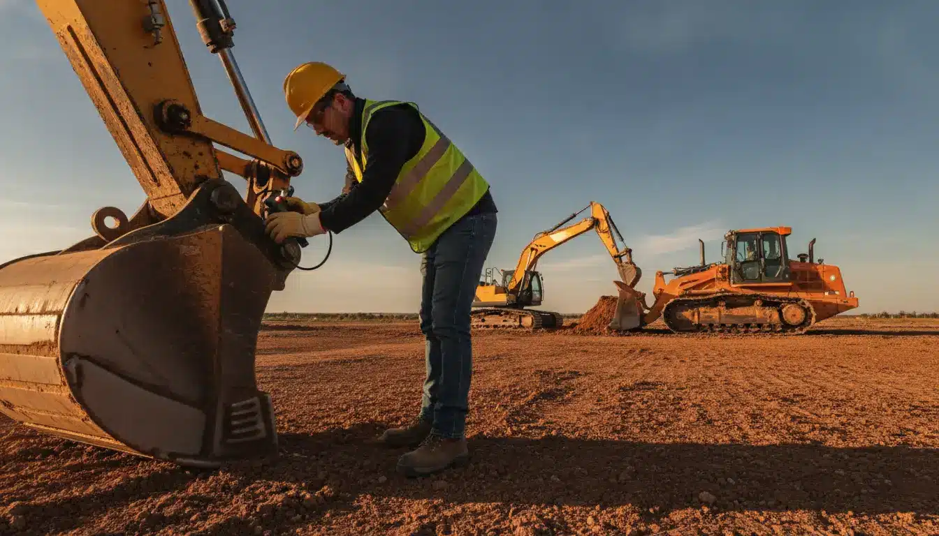 Construction worker operating excavator on a dirt construction site under clear sky