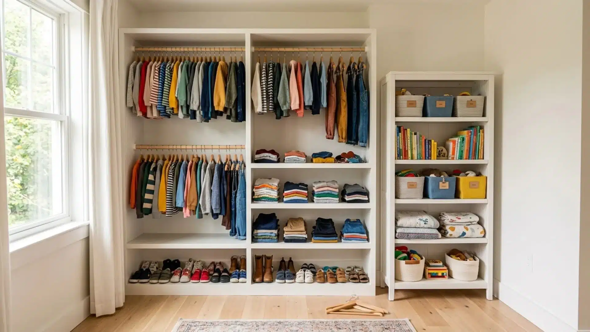kids open wardrobe with colorful hanging clothes, folded items and a white bookshelf with bins beside it
