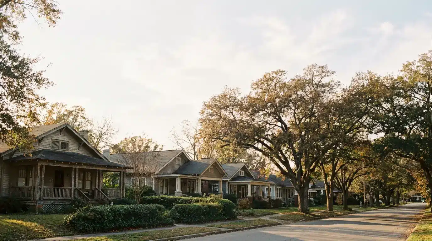 Row of traditional houses with wooden porches and large trees lining a suburban street
