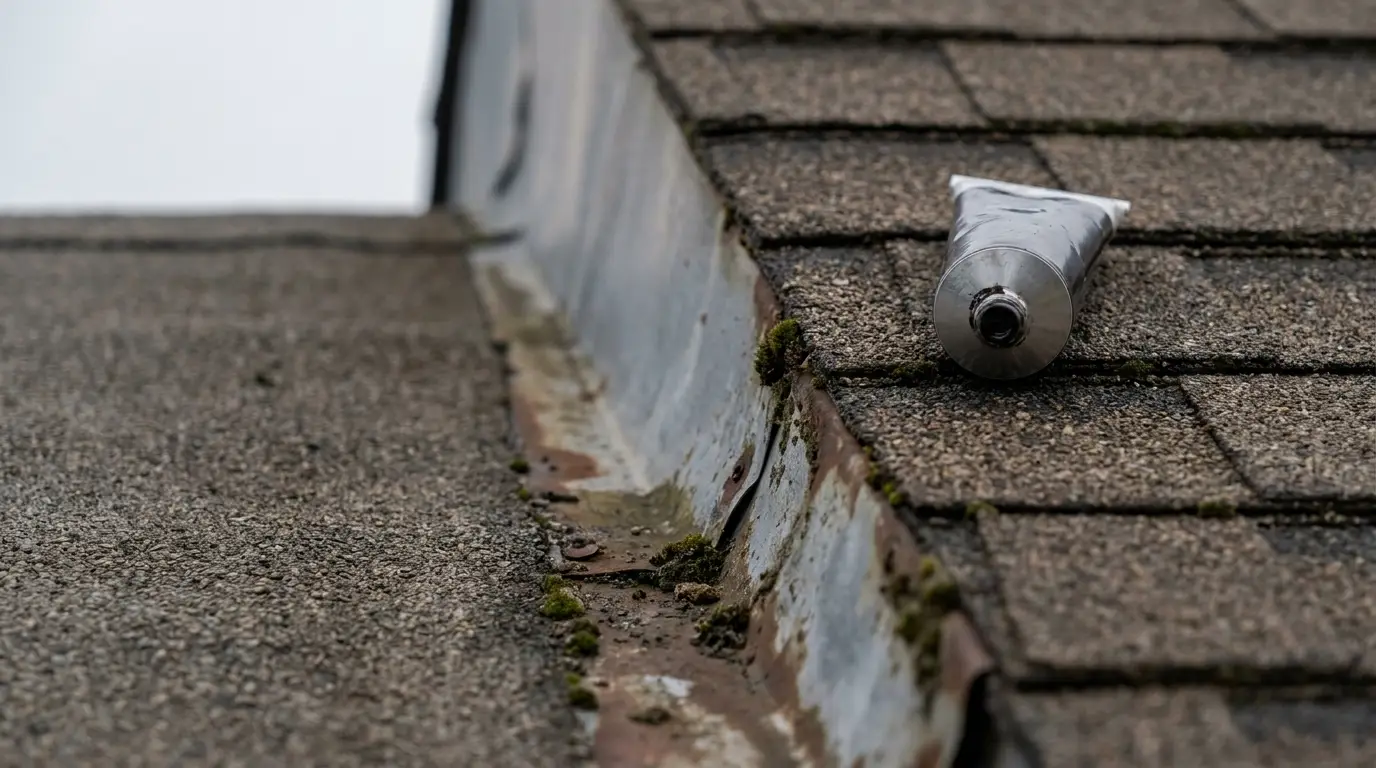 Tube of sealant on shingled roof with moss and rusty metal gutter