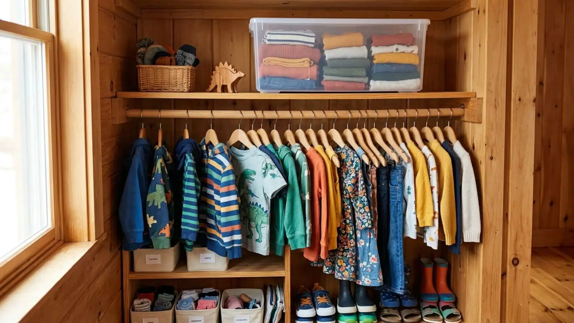kids closet with seasonal clothes organized on hangers, labeled bins, folded garments, and stored accessories