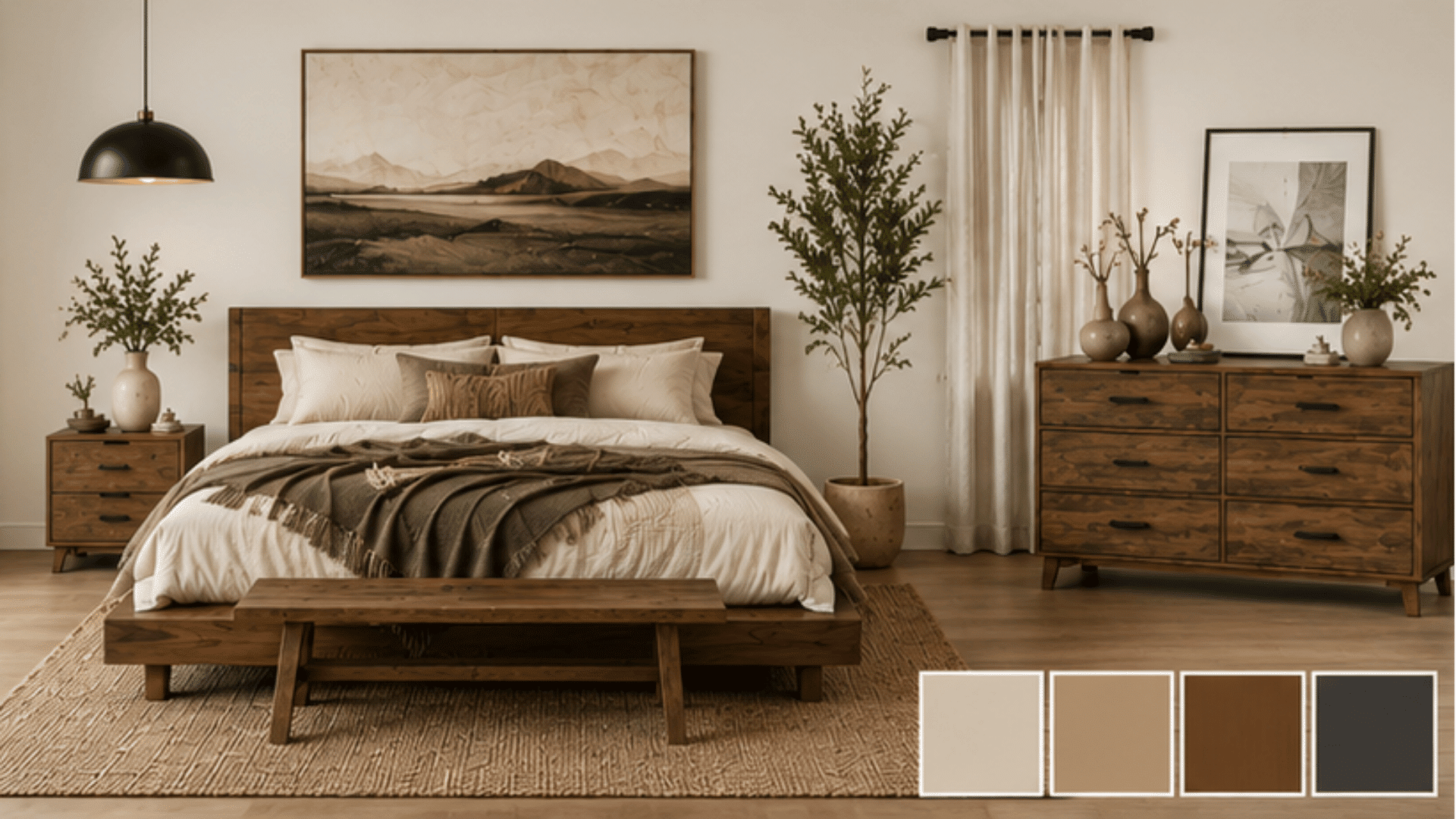 rustic modern bedroom with reclaimed wood furniture earthy textiles layered textures and contemporary lighting