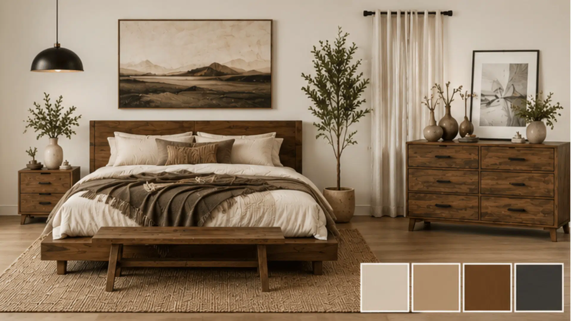 rustic modern bedroom with reclaimed wood furniture earthy textiles layered textures and contemporary lighting