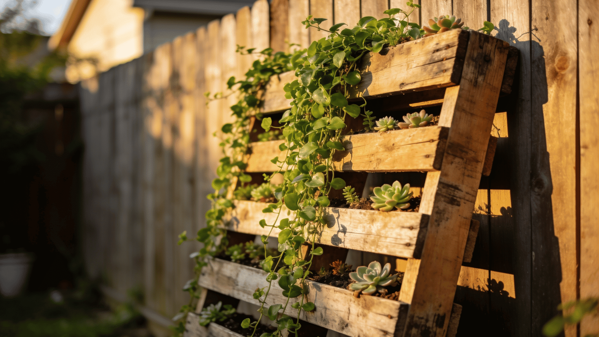 rustic vertical pallet planter leaning against a wooden fence filled with trailing green vines