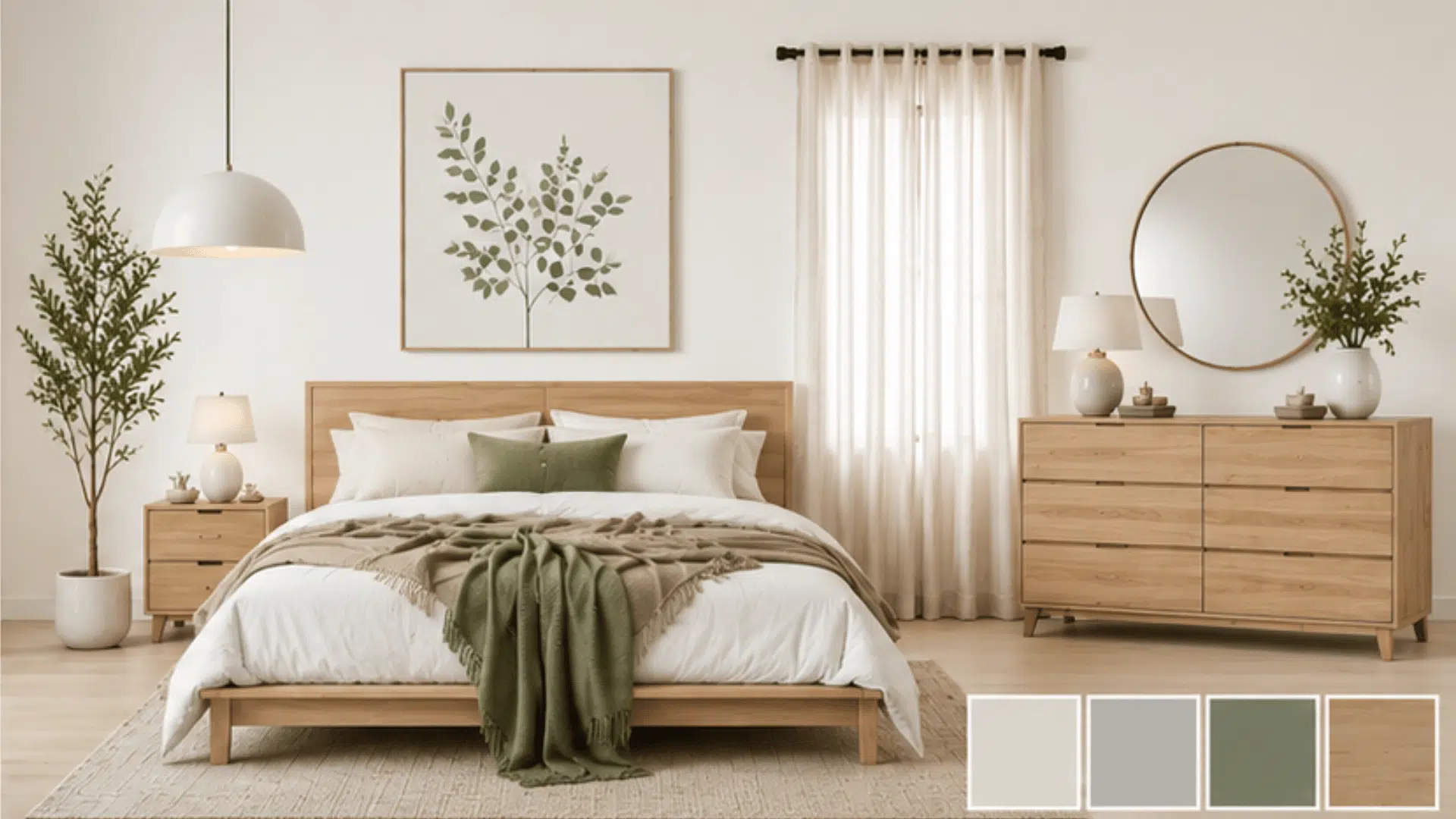scandinavian inspired organic modern bedroom with light oak furniture white bedding and sage accents