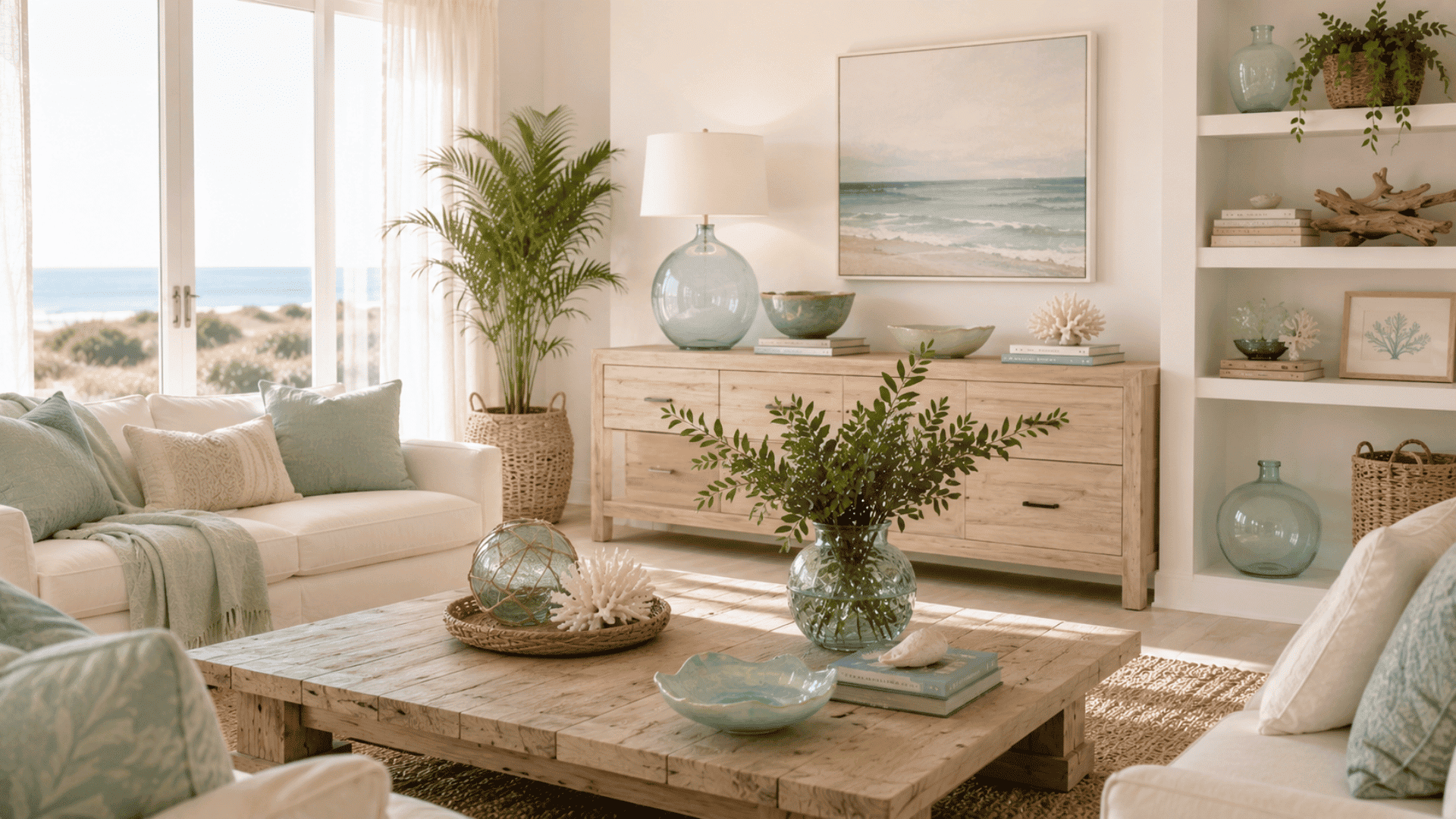 sea glass inspired color palette featuring aqua turquoise and muted green accents in coastal decor