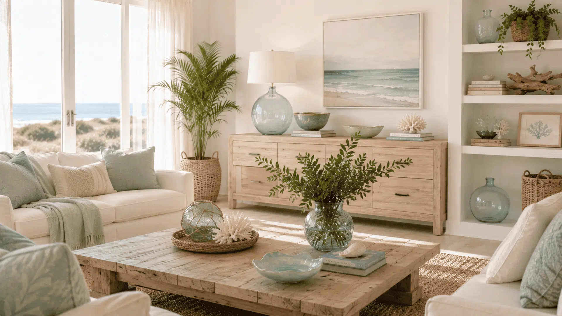 sea glass inspired color palette featuring aqua turquoise and muted green accents in coastal decor