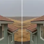 Twin green houses with red tiled roofs in rainy countryside setting