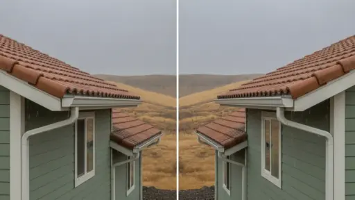 Twin green houses with red tiled roofs in rainy countryside setting