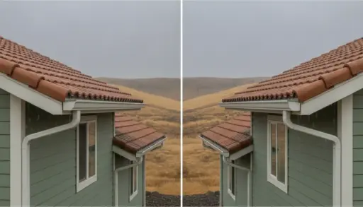 Twin green houses with red tiled roofs in rainy countryside setting