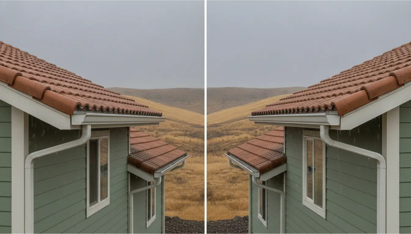 Twin green houses with red tiled roofs in rainy countryside setting