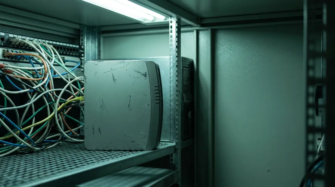 Computer server with tangled cables in dimly lit server room
