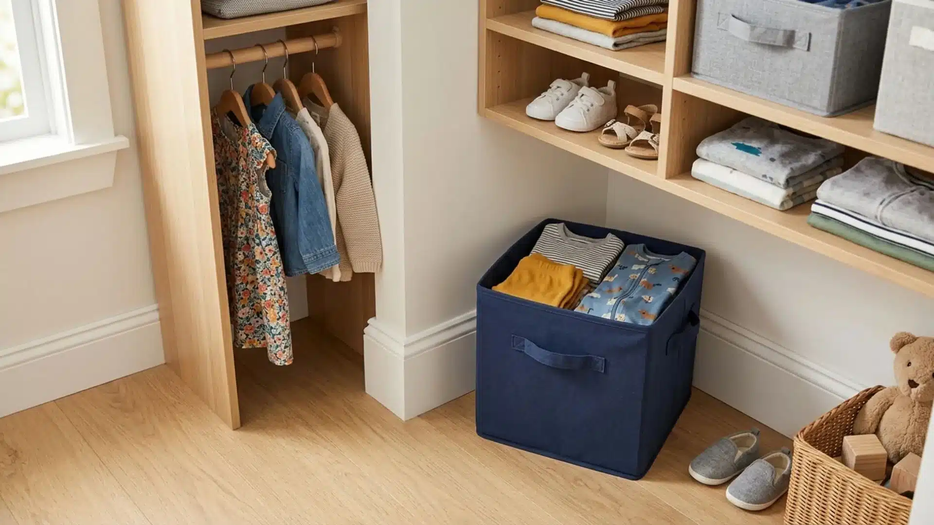 kids closet with hanging clothes, folded outfits, storage bins, and an open fabric basket for sorted clothing