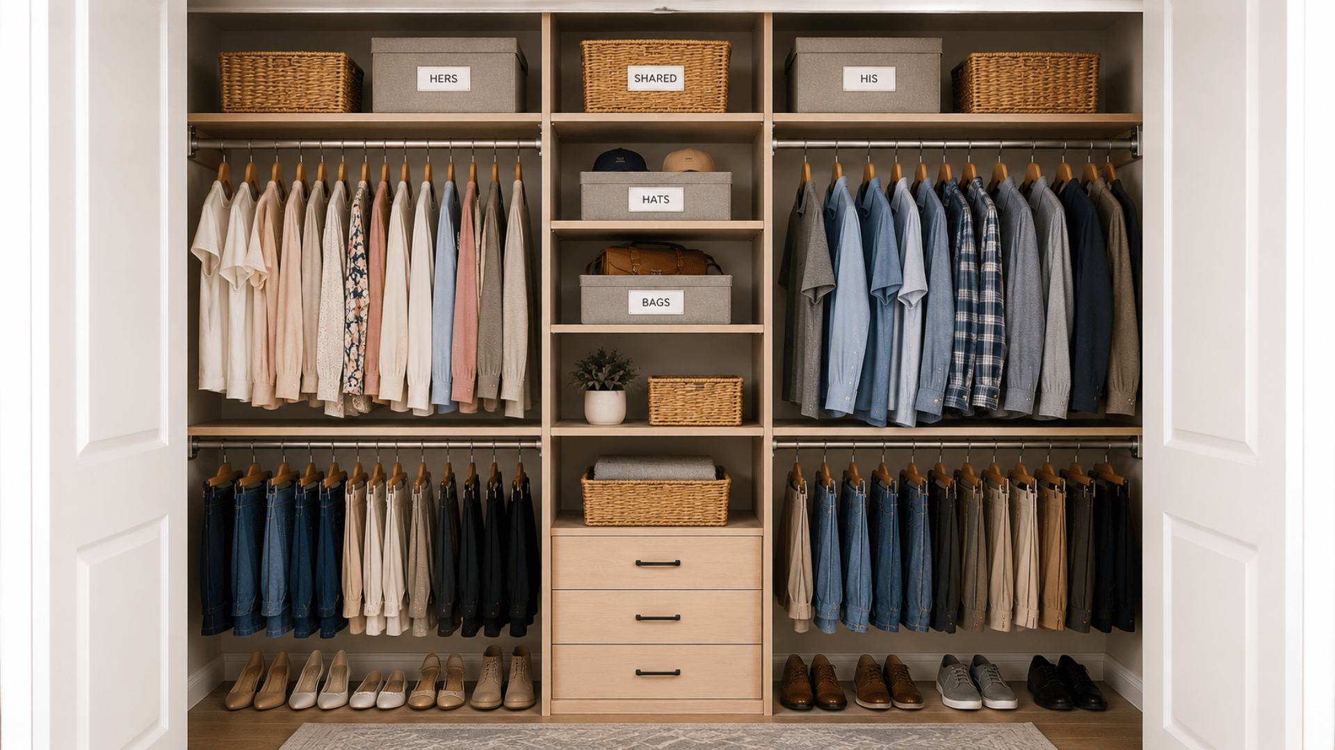 shared closet with divided storage sections separate hanging areas and organized central shelving