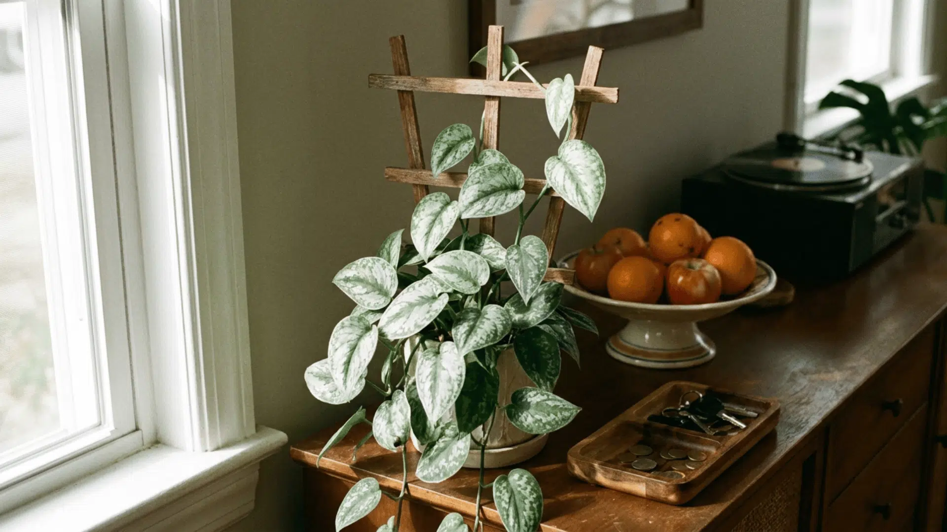 silver satin pothos with silvery leaves climbing a small trellis