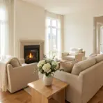 Beige living room with fireplace, large windows, and potted plant on hardwood floor
