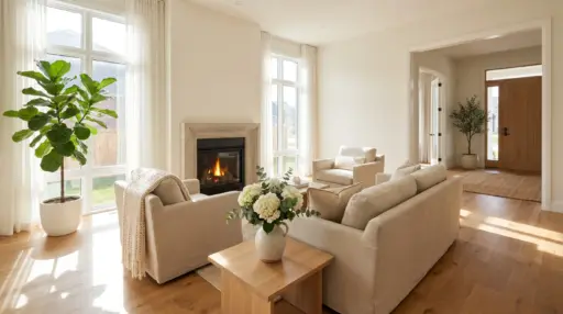 Beige living room with fireplace, large windows, and potted plant on hardwood floor