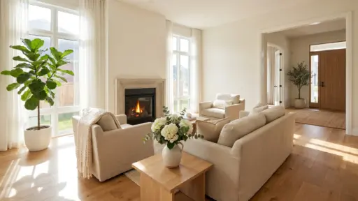 Beige living room with fireplace, large windows, and potted plant on hardwood floor