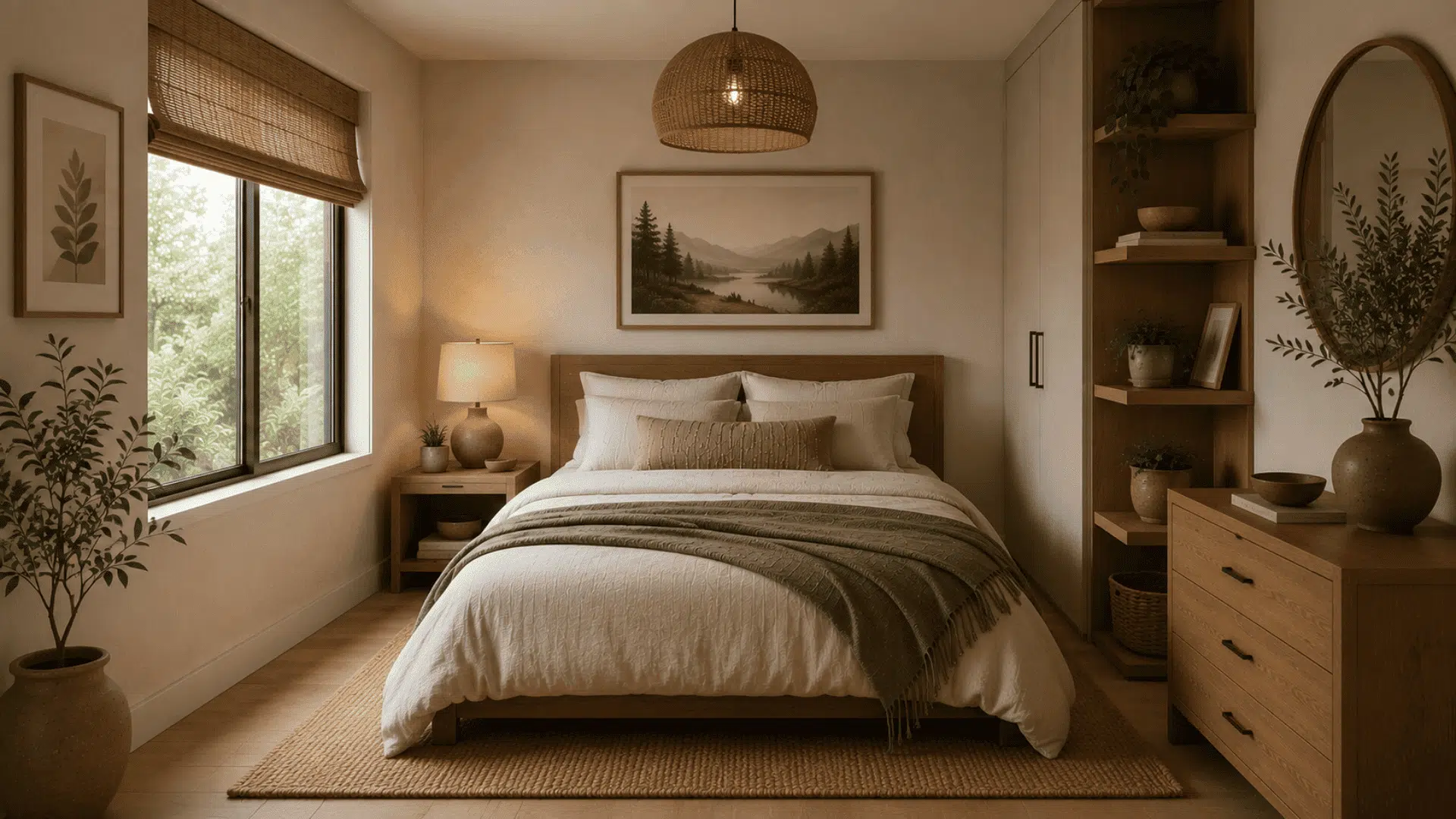small organic modern bedroom with compact furniture smart storage and neutral color palette