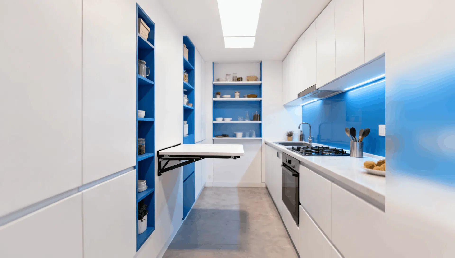 small white and blue kitchen with compact storage open shelving and space saving design features