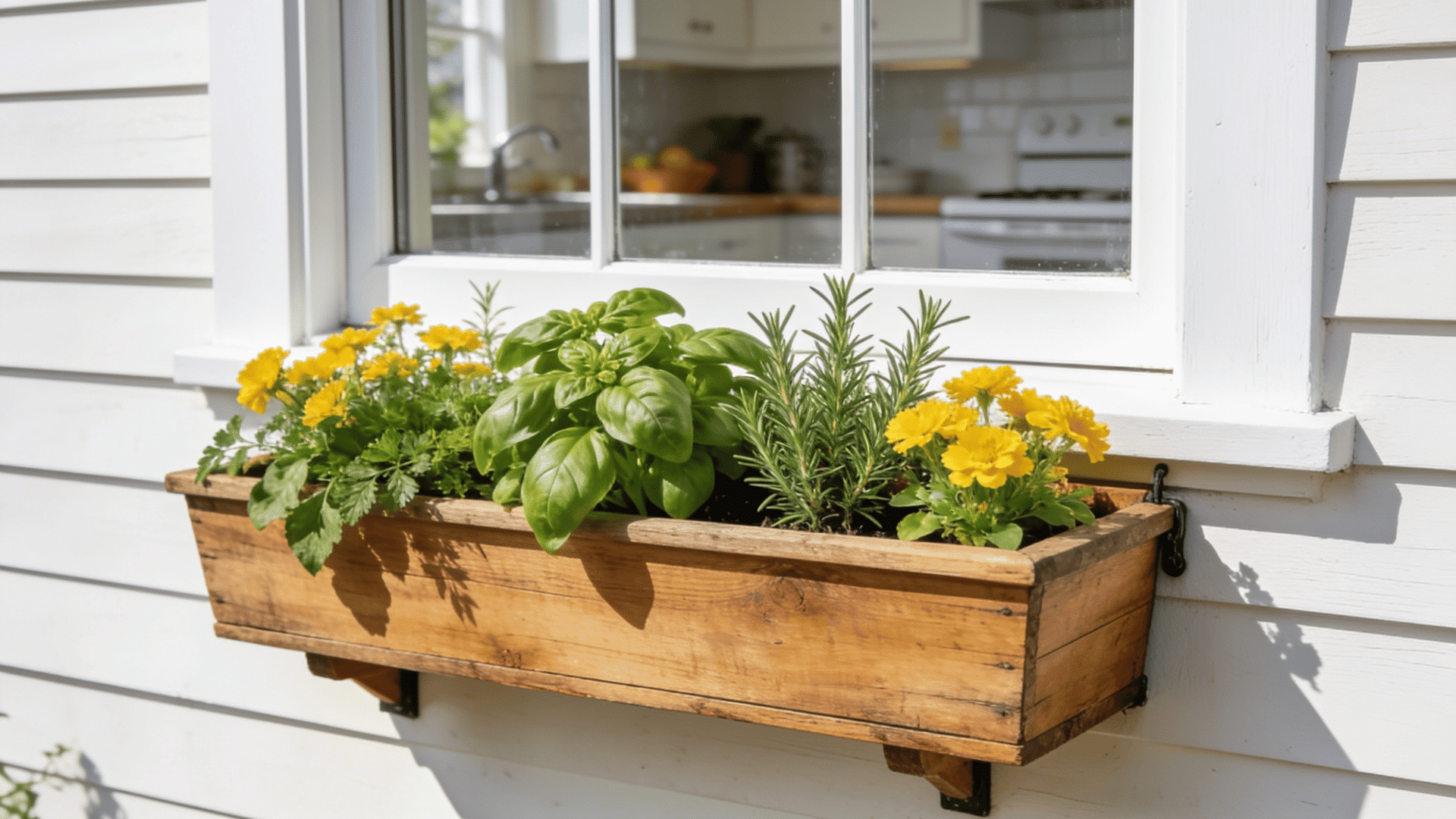 small wooden window box planter below a white house window growing fresh basil and yellow flowers