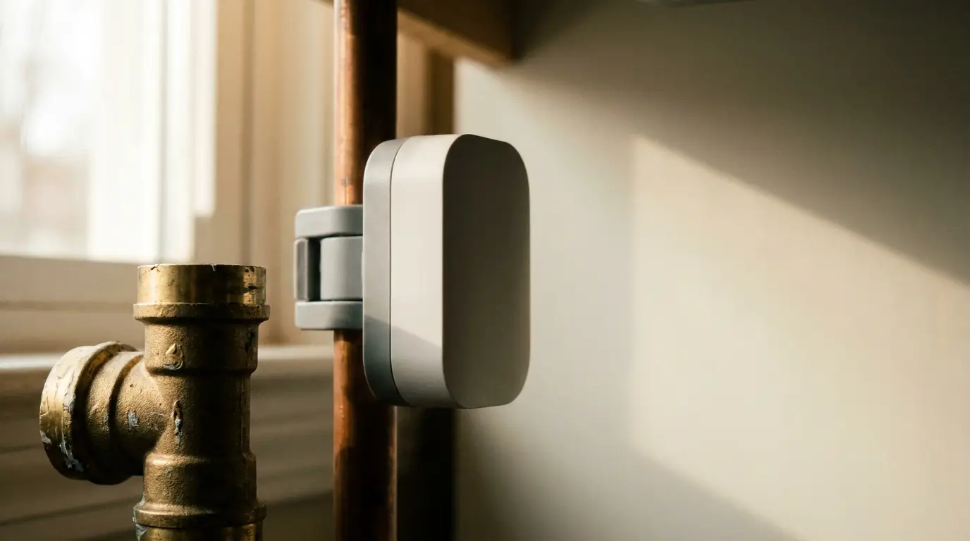 Smart home device attached to copper pipe in softly lit indoor setting